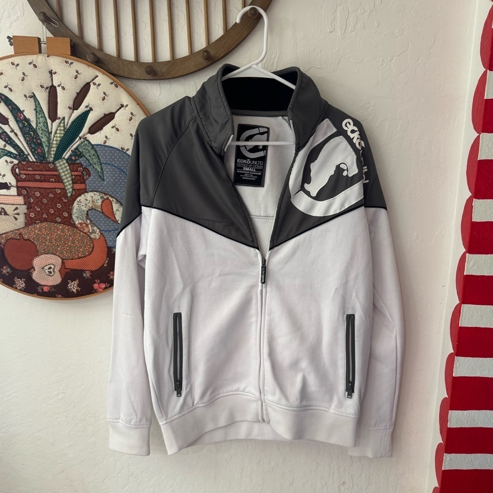 Ecko Unlimited White Gray Zip Up Jacket Small